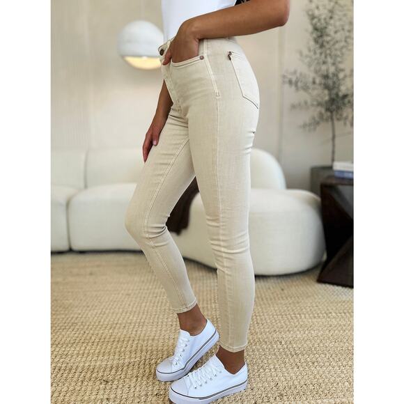 Judy Blue High Rise Waist Garment Dyed Tummy Control Skinny Denim Jeans | Bone - Picture 2 of 6